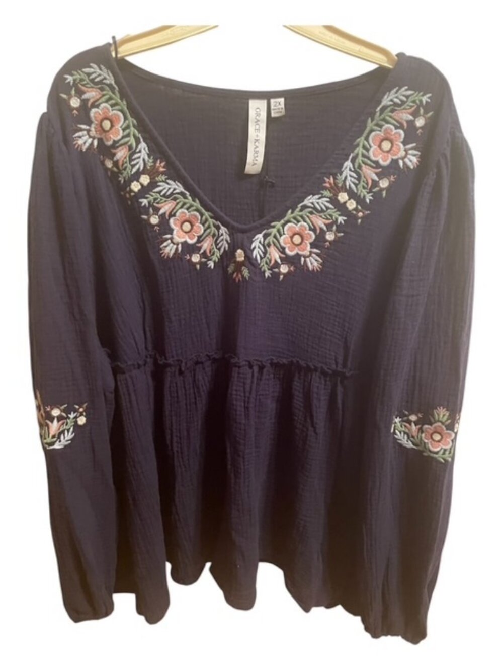 New Grace & Karma Navy Blue Embroidered Gauze Peasant Blouse 2 X